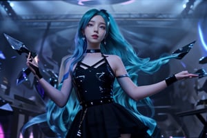 1 girl,adorable,seraphine, solo, blue hair, k/da \(league of legends\), very long hair, multicolored hair, jewelry, ponytail, blue eyes, earrings, dress, black choker, two-tone hair, purple hair, black thighhighs, bracelet, black skirt,seraphine1,<lora:659111690174031528:1.0>