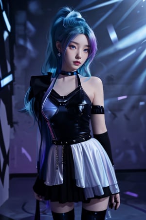 1 girl,adorable,seraphine, solo, blue hair, k/da \(league of legends\), very long hair, multicolored hair, jewelry, ponytail, blue eyes, earrings, dress, black choker, two-tone hair, purple hair, black thighhighs, bracelet, black skirt,seraphine1,<lora:659111690174031528:1.0>