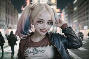 RAW photo, a photo of 25 y.o woman,  harleyquinn, red leather jacket, night, city street, (high detailed skin:1.2), 8k uhd, dslr, soft lighting, high quality, film grain, Fujifilm XT3   ,harleyquinn, smiling,full_body,perfect