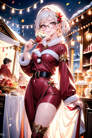 best quality,  masterpiece,  ultra high res, 
 BREAK
 brown_eyes,  white_hair,  short hair,  lips cute,  medium breasts,  plump,  petite,  loli,  glasses,            
,  closed mouth,  convergent strabismus,  bashful,  shy,  blushing,  smile
 BREAK
Santa, cheerful expression, red suit with white fur trim, black boots, carrying a sack of gifts, busy schedule, checking list, smiling warmly
BREAK
Christmas market, festive lights, snowfall, couples strolling, holiday music, decorated stalls, joyful atmosphere, winter evening
BREAK
romantic dinner, candlelit table, mistletoe, cozy fireplace, exchanging gifts, laughter, intimate conversation, sparkling wine, delicious food, highres, ultra detailed, beautiful, masterpiece, best quality
