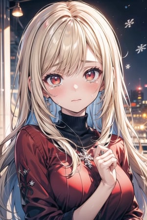 vibrant colors, female, masterpiece, sharp focus, best quality, depth of field, cinematic lighting, ((solo, adult woman)), (illustration, 8k CG, extremely detailed), masterpiece, ultra-detailed, 1girl, red plush sweater，blonde hair, cold atmosphere, snowflakes, red eyes color，crying