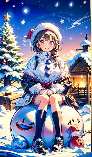 1 girl, snow, winter outfit, bonfire, sitting, tent, christmas tree, Christmas theme, cold, snowman, sunset, illustration, short hair