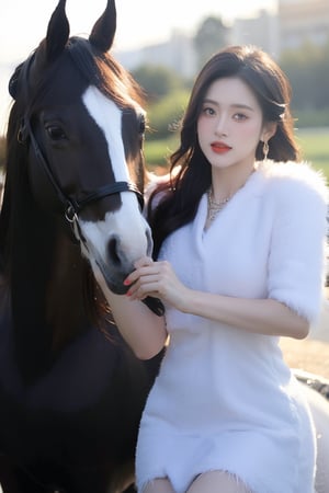 Best quality, masterpiece, ultra high res, (photorealistic:1.4), raw photo, front view, (perfect body, photo from the knee), ((full frontal shot of a beautiful white skin girl wearing a gorgeous luxurious feather dress and holding the reins of a (giant mighty dark war horse with red burning eyes). )), she is ice queen warrior, 3 crystal swords flying around her, feather earring, luxurious crystal necklace, feather jacket, perfect light, thin body, ((looking_at_viewer)), (((seducing face))), sunset, sunshine, detail lips,