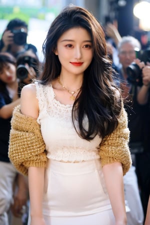 Best quality, masterpiece, ultra high res, (photorealistic:1.4), raw photo, front view, (perfect body, upper body, photo from the knee), ((full frontal shot of a beautiful white skin girl wearing a short gorgeous body skirt, luxurious gold necklace, She was surrounded by reporters taking photos at a celebrity press conference)), looking_at_viewer, feather jacket