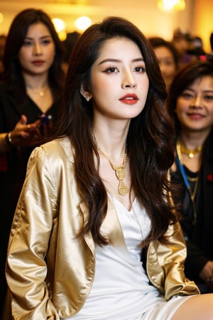 Best quality, masterpiece, ultra high res, (photorealistic:1.4), raw photo, front view, (perfect body, upper body, photo from the knee), ((full frontal shot of a beautiful white skin girl wearing a gorgeous luxurious dress, luxurious gold necklace, She was surrounded by reporters taking photos at a celebrity press conference)), looking_at_viewer, bussiness jacket,ao dai