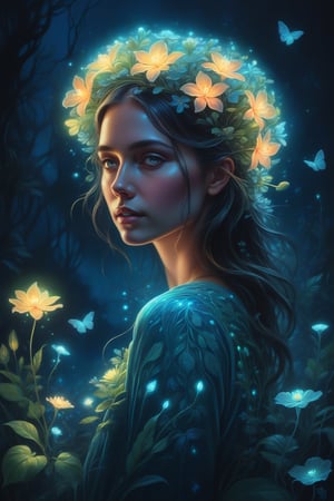 (best quality,4k,8k,highres,masterpiece:1.2),ultra-detailed,Ultra detailed illustration of a person lost in a magical world of wonders, glowy, bioluminescent flora, incredibly detailed, pastel colors, handpainted strokes, visible strokes, oil paint, art by Mschiffer, night, bioluminescence

