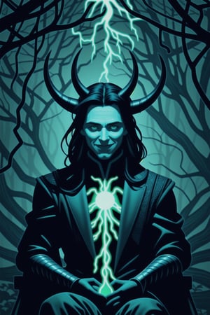 loki the avengers is sitting on a throne with his hands in his pockets, in the art style of mohrbacher, glowing green, his head covered in roots, female disney villain, trending photo, horns on head, slightly pixelated, lots of sunlight, the mask is broken, tumblr, swinging on a vine over a chasm, slightly smiling, glowing from inside,,<lora:659111690174031528:1.0>