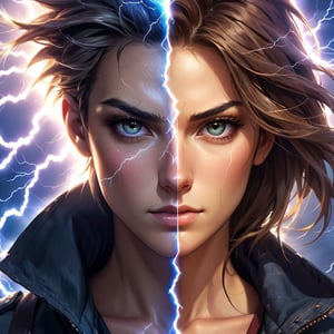  a complete human face, torn in half by lightning. The left side should depict a rugged male style, while the right should showcase a gentle female style. Despite being separated, when combined, it should look like the facial features of a normal face,aw0k illuminate