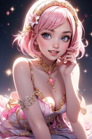 A mysterious girl,short hair ,and an elegant layered light dress embellished with pearls against an intricate and sparkling background. Featuring a pink and gold color palette, the artwork draws inspiration from Lop and Art Germ. The colors are complex and rich, and the ultra-resolution is lifelike. Detailed textures, proper lighting, harmonious composition.pink lip,(((Laughing out loud)))
