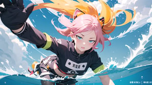 Create an illustration of Pink-chan influenced by Primitivism and Abstract Expressionism. The artwork should feature intense color usage, incorporating words and symbols, with elements of graffiti and themes of social and political nature. Pink-chan should be depicted in a style that reflects these artistic influences, with vibrant, expressive colors, and a composition that includes graffiti-like elements. She should be surrounded by words and symbols that convey social or political messages, creating an impactful and thought-provoking image, a girl floats in the sea blowing soap bubbles, in the style of cartoonish realism, gongbi, light yellow and black, i can't believe how beautiful this is, cartoon mis-en-scene, pensive poses, glorious 