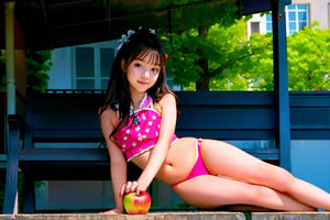 1 girl, most beautiful korean girl, stunningly beautiful girl, gorgeous girl, 18yo, over sized eyes, big eyes, smiling, looking at viewer, A woman is sitting on a bench with her legs crossed and an apple resting on her lap. She is smiling at the camera, giving off a relaxed vibe. The setting appears to be outdoors, possibly in front of a building or near some trees.,AIDA_LoRA_valenss