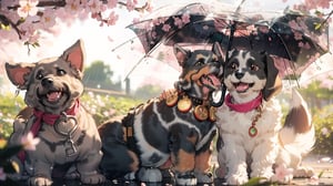 1girl, animal, ((schnauzer dog)), bird, blurry, blurry background, brown eyes, brown hair, cherry blossoms, dog, full body, holding umbrella, jewelry, looking up, medium hair, necklace, rain, shiba inu, shoes, short sleeves, smile, sneakers, solo, split into 6 different images, shot from multiple angles, transparent, transparent umbrella, umbrella, watch, wristwatch, ((masterpiece)), 