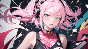 Create an illustration of Pink-chan influenced by Primitivism and Abstract Expressionism. The artwork should feature intense color usage, incorporating words and symbols, with elements of graffiti and themes of social and political nature. Pink-chan should be depicted in a style that reflects these artistic influences, with vibrant, expressive colors, and a composition that includes graffiti-like elements. She should be surrounded by words and symbols that convey social or political messages, creating an impactful and thought-provoking image, with headphone