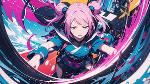 Create an illustration of Pink-chan influenced by Primitivism and Abstract Expressionism. The artwork should feature intense color usage, incorporating words and symbols, with elements of graffiti and themes of social and political nature. Pink-chan should be depicted in a style that reflects these artistic influences, with vibrant, expressive colors, and a composition that includes graffiti-like elements. She should be surrounded by words and symbols that convey social or political messages, creating an impactful and thought-provoking image, incredibly powerful Anime Girl, created by Katsushika Hokusai + Hideaki Anno, Movie poster style, box office hit, a masterpiece of storytelling, main character center focus, monsters + mech creatures locked in combat, nuclear explosions paint sky, highly detailed 8k,green theme,Sexy Girl,kawaii,wgz_style,lofi artstyle