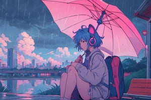 Lofi Girl and cat WAITING FOR BUS under umbrella, headphone, cloudy outside, rain, wind, beautiful chill, cyber city, atmospheric wallpaper. 4K streaming background. lo-fi, hip-hop style. Anime manga style