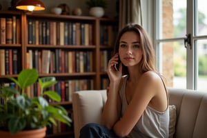 A young woman sits alone in a cozy indoor setting, warm brown eyes. Her shoulder-length brown hair is styled in a sleek bun, framing her heart-shaped lips and inviting smile. She wears sleeveless pants and a relaxed pose, one hand resting on her hip as she cradles her smartphone against her ear. Behind her, a bookshelf rises from the floor to the ceiling, lined with volumes bound in leather and cloth. A potted plant sits atop the desk, its leaves a vibrant green amidst the warm glow of a nearby lamp. The window behind her casts a soft, diffused light, illuminating the scene with a sense of calm contemplation. She is not realy beautiful, normal woman, passing phone call, she look  outside to the right, Swiss woman.