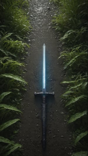 ((Laser Sword)), glowing skin, in the rain, lying on a rough surface, flashing, muddy surface, microscopic, surrounding plants, night, film lighting, rough surface.