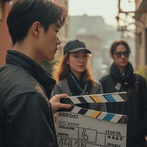 a realistic photo of a film clapperboard, there are asian actors and asian actresse in action blurr in a far background