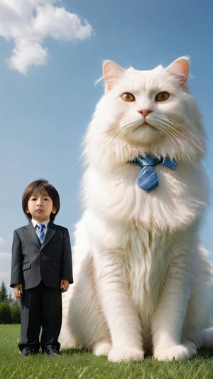 Realistic photo of a huge longhaired white cat with brown eyes sitting on the grass in front of a little shot haircut Asian boy wearing a suit and tie. The photo has a blue sky background with clouds and uses natural light, with super detailed photography in the style of movie lighting effects and bright colors. It is a full body portrait