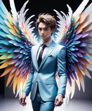 Create an image of a young man wearing a suit, featuring vibrant, crystal giant wings extending from his back. Random movement The background should be plain white, emphasizing the contrast and detailing of the beauty wings and the sharpness of the suit. The man should appear poised and elegant, with the wings unfurled to showcase a spectrum of vivid hues, blending seamlessly from one color to another. In style of anime. The focus should be on the meticulous details of the wings’ feathers and the suit’s fabric, capturing a harmonious blend of natural and refined elements, wings,Stylish,ink ,3D MODEL