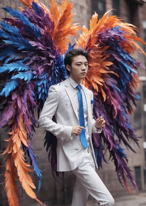 Create an image of a young man wearing a suit, featuring vibrant, dark and blue wings extending from his back. Random movement The background should be plain white, emphasizing the contrast and detailing of the beauty wings and the sharpness of the suit. The man should appear poised and elegant, with the wings unfurled to showcase a spectrum of vivid hues, blending seamlessly from one color to another. The focus should be on the meticulous details of the wings’ feathers and the suit’s fabric, capturing a harmonious blend of natural and refined elements, wings,Stylish, close up,l3min,xxmixgirl