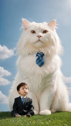 Realistic photo of a huge longhaired white cat with brown eyes sitting on the grass in front of a little shot haircut Asian boy wearing a suit and tie. The photo has a blue sky background with clouds and uses natural light, with super detailed photography in the style of movie lighting effects and bright colors. It is a full body portrait