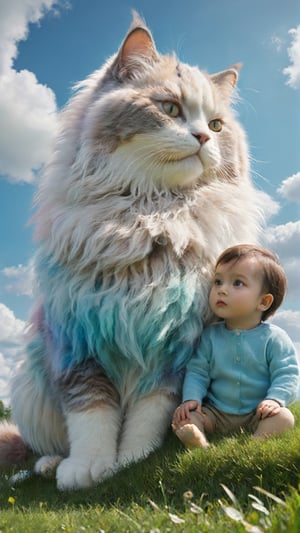 A multicolor giant cat with fluffy fur sitting on the grass, next to it sits an adorable babyboy (((looking at viewer))) . The blue sky has white clouds. In the style of hyper-realistic, high definition photography, movie stills, children's book illustrations, colorful animation stills, hyperrealistic details depict childlike innocence, underwater, colorful smoke