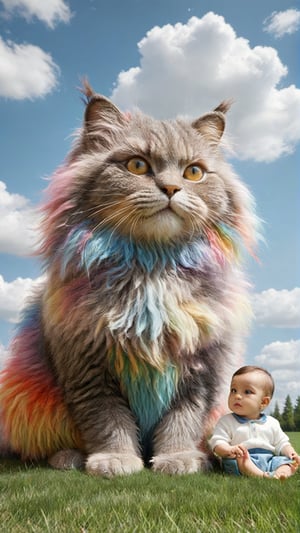 A multicolor giant cat with fluffy fur sitting on the grass, next to it sits an adorable babyboy (((looking at viewer))) . The blue sky has white clouds. In the style of hyper-realistic, high definition photography, movie stills, children's book illustrations, colorful animation stills, hyperrealistic details depict childlike innocence