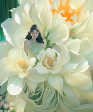 fullbody, photo of woman standing in front of beauty giant's flower, in the style of realistic hyper-detailed rendering, white and emerald, flowing fabrics, detailed character illustrations, light orange and beige, dark white and light emerald, 32k uhd, lienhoa,Bomi,photorealistic,1 girl