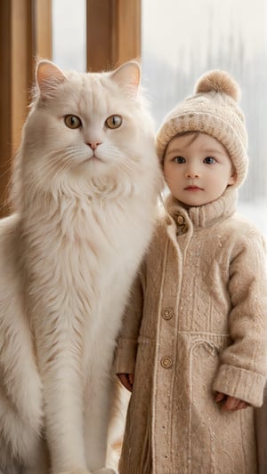 A fluffy white cat with long hair and soft fur, wearing an elegant beige outfit, stands beside the babyboy in his cute winter hat. The background is adorned with light brown decorations. Captured using a Canon EOS R5 camera with a macro lens in natural daylight streaming through large windows. High resolution, hyperrealistic, intricate details, warm tones