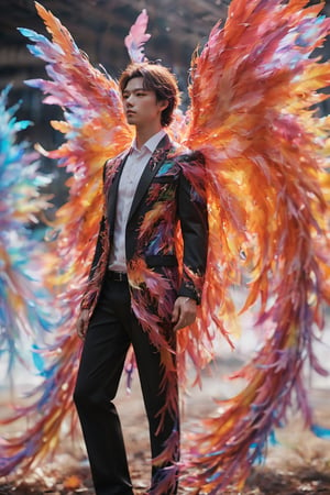 Create an image of a young man wearing a suit, featuring vibrant, crystal  wings extending from his back. Random movement The background should be plain white, emphasizing the contrast and detailing of the beauty wings and the sharpness of the suit. The man should appear poised and elegant, with the wings unfurled to showcase a spectrum of vivid hues, blending seamlessly from one color to another. The focus should be on the meticulous details of the wings’ feathers and the suit’s fabric, capturing a harmonious blend of natural and refined elements, wings,Stylish, close up,l3min,xxmixgirl,fire element,wings