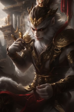 the Monkey King in Chinese mythology, fullbody, The background features ancient architecture with high-definition details 