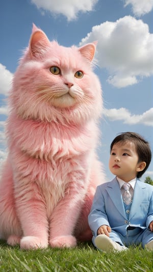 A pink cat with fluffy fur is sitting on the grass, and in front of it sits an Asian babyboy wearing fashion suits. The sky above them has blue clouds, creating a realistic photo style. This scene was captured in the style of Hayao Miyazaki using high definition photography technology. It features a cute giant furry animal character, with detailed details that make people fall under its gaze.