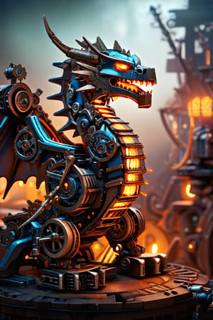 A chinese dragon ,made from gears rusted metal, and glowing parts. The chinese dragon's body is an intricate assembly of interlocking gears and corroded metal plates, giving it a rugged, industrial appearance. Its eyes and certain joints feature glowing, luminescent elements that pulse with an eerie light. The background is a dark, misty landscape with hints of ancient ruins, enhancing the mythical and mechanical nature of this fantastical creature,adding to the steampunk atmosphere.",Mechanical

,Gao Hunter