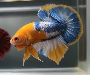 ,betta hmpk,realistic,animal focus, still life, multicolor, big tail,(best quality,realistic,high quality),, ultra realistic,32k,RAW photo,(high detailed skin:1.2), 8k uhd, dslr, high quality, film grain,water,betta fish,Fish scales are clear and balanced