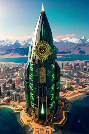 A bird’s eye view of a gigantic Pacific Rim Jaeger representing Saudi Arabia. The Jaeger’s design is inspired by the Kaaba, featuring black and gold-tinted armor with intricate Islamic geometric patterns. Its headpiece resembles a traditional ghutra, and its body is adorned with calligraphy. The Jaeger’s core glows with a bright green light, symbolizing the national flag. Below, the landscape reveals vast deserts and urban skyscrapers. Enhanced with glare, lens flare, and cinematic lighting, the Jaeger’s imposing presence is accentuated by swirling sand particles and sparks, capturing Saudi Arabia's spiritual and modern essence,Gao Hunter