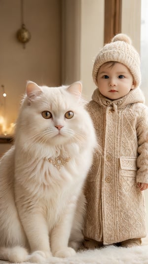 A fluffy white cat with long hair and soft fur, wearing an elegant beige outfit, stands beside the babyboy in his cute winter hat. The background is adorned with light brown decorations. Captured using a Canon EOS R5 camera with a macro lens in natural daylight streaming through large windows. High resolution, hyperrealistic, intricate details, warm tones. --style raw 