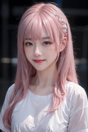 Photorealistic, beautiful, Masterpiece, HD, ultra detail eyes, 1girl,
(Pastel pink hair:1.2), 
(long hair:1.2), medium breasts, smile, (white business nylon shirt:1.2)