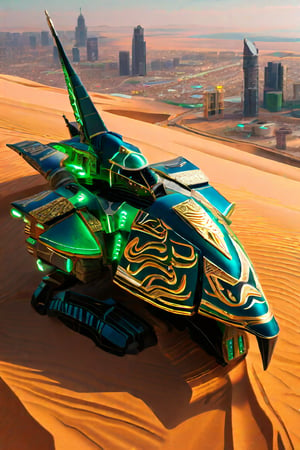 A bird’s eye view of a gigantic Pacific Rim Jaeger representing Saudi Arabia. The Jaeger’s design is inspired by the Kaaba, featuring black and gold-tinted armor with intricate Islamic geometric patterns. Its headpiece resembles a traditional ghutra, and its body is adorned with calligraphy. The Jaeger’s core glows with a bright green light, symbolizing the national flag. Below, the landscape reveals vast deserts and urban skyscrapers. Enhanced with glare, lens flare, and cinematic lighting, the Jaeger’s imposing presence is accentuated by swirling sand particles and sparks, capturing Saudi Arabia's spiritual and modern essence,Gao Hunter