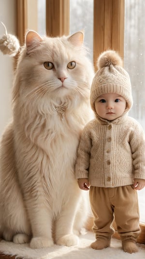 A fluffy white cat with long hair and soft fur, wearing an elegant beige outfit, stands beside the babyboy in his cute winter hat. The background is adorned with light brown decorations. Captured using a Canon EOS R5 camera with a macro lens in natural daylight streaming through large windows. High resolution, hyperrealistic, intricate details, warm tones. --style raw 
