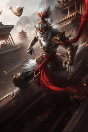 the Monkey King in Chinese mythology, fullbody, The background features ancient architecture with high-definition details 