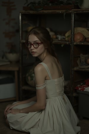 A dimly lit old storage room, lit only by a faint, dusty glow. A young girl with round face and subtle blush sits in front of a cluttered shelf, her pleated skirt rustling as she leans forward. Her eyes droop slightly, but her gaze is fixed on the intricate weaving pattern forming around her. She wears thin, transparent ribbons tied in her hair, and fashionable glasses perched on the end of her nose. With one hand, she grasps a section of her own backside, as if trying to tame an unruly fabric. The atmosphere is intimate, with shadows dancing across the walls, realistic