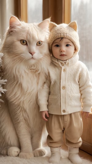 A fluffy white cat with long hair and soft fur, wearing an elegant beige outfit, stands beside the babyboy in his cute winter hat. The background is adorned with light brown decorations. Captured using a Canon EOS R5 camera with a macro lens in natural daylight streaming through large windows. High resolution, hyperrealistic, intricate details, warm tones