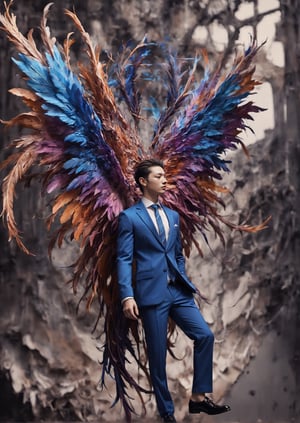 Create an image of a young man wearing a suit, featuring vibrant, dark and blue wings extending from his back. Random movement The background should be plain white, emphasizing the contrast and detailing of the beauty wings and the sharpness of the suit. The man should appear poised and elegant, with the wings unfurled to showcase a spectrum of vivid hues, blending seamlessly from one color to another. The focus should be on the meticulous details of the wings’ feathers and the suit’s fabric, capturing a harmonious blend of natural and refined elements, wings,Stylish, close up,l3min,xxmixgirl