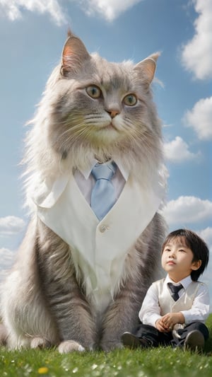 A cute silver longhaired cat, wearing white vest and tie, sitting on the grass with an Asian little boy in front of it. The background is blue sky and white clouds, with a dreamy atmosphere. High definition photography style, natural light, soft tones, medium focus lens, high resolution. A joyful expression,glitter