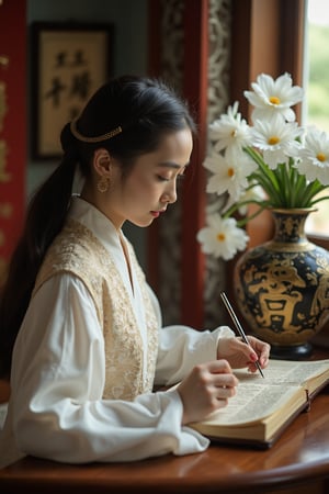 A picture composed of gold, white, black and red, a cloisonné Chinese vase on the classical Chinese desk, with gladioli and large white phalaenopsis. A young ancient oriental woman with long flowing hair, delicate facial features and delicate eyes, wearing white Hanfu, is writing calligraphy with a brush, realistic