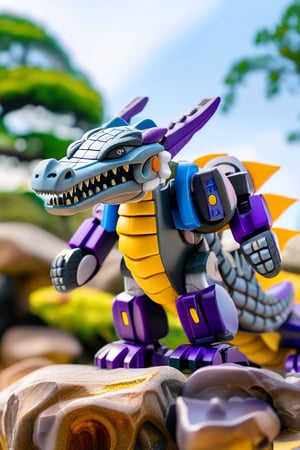 An American toy robot dragon, "Gaoqigio", with a purple and blue color scheme, made of gray and yellow plastic material, riding on the back of an Eastern ancient giant crocodile in the style of Chinese art with its head raised towards the sky. The background is blurred, with rocks in front and trees behind. With a close range, there was depth of field. This photo captured high-definition details through macro photography using Canon cameras ,Gao Hunter