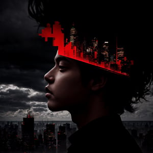 Digital art of a man with a city in double exposure, half his head features an ancient castle while the other side has a modern urban skyline, the background features soft white clouds, the overall mood evokes mystery and nostalgia, with glitch effects creating digital noise in the style of the artist. Use a color palette dominated by shades of red to add depth and contrast against grey tones. Incorporate glitch effects for a futuristic touch,,, (best quality:1.3), ultra realistic,32k,RAW photo,(high detailed skin:1.2), 8k uhd, dslr, high quality, film grain,Bigcityboiz