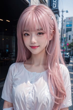 Photorealistic, beautiful, Masterpiece, HD, ultra detail eyes, 1girl,
(Pastel pink hair:1.2), 
(long hair:1.2), medium breasts, smile, (white business nylon shirt:1.2)