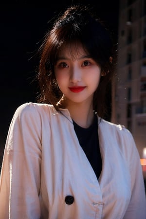 Best quality, masterpiece, ultra high res, (photorealistic:1.4), raw photo, big breasts, in the dark, deep shadow,1girl, korean, bright skin tone, upper body, slim petite body, small breast, volumetric lighting, medium messy hairstyle, beautiful bangs, hairpins, lipgloss, nose contour, light shade blush, cute smile, Trench coat, boots, city background, seductive pose,@imageized. 
